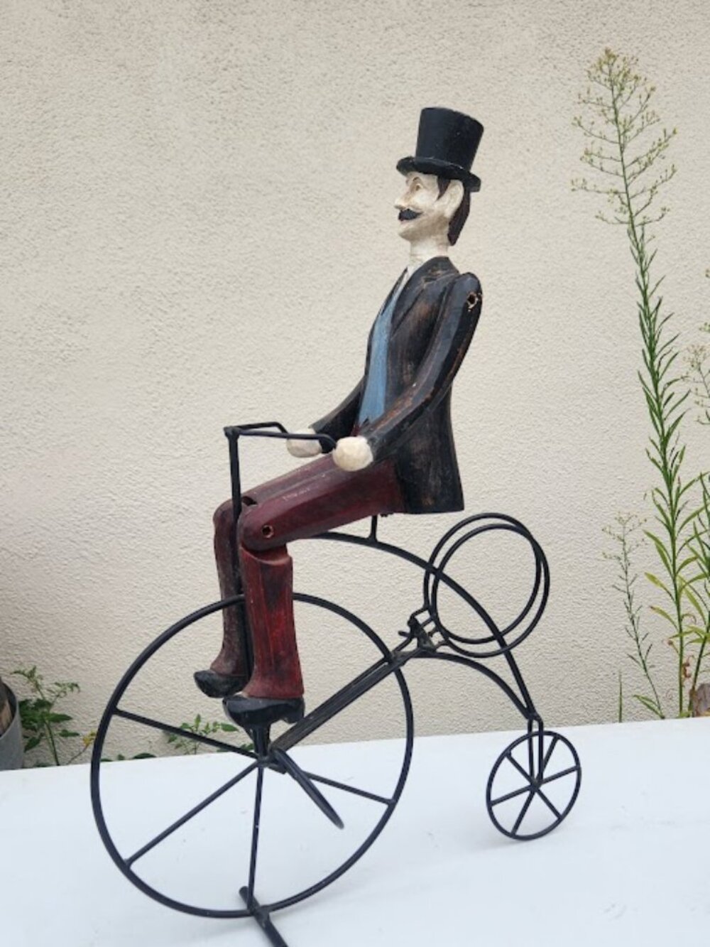Vintage Hand-Carved Wooden and Metal Sculpture Man Riding High Wheel Penny Farth
